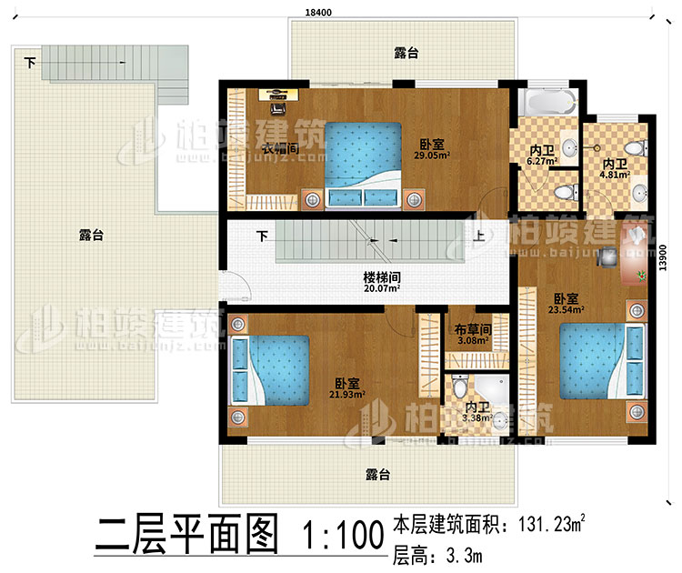 二層：樓梯間、3臥室、衣帽間、布草間、3內(nèi)衛(wèi)、3露臺
