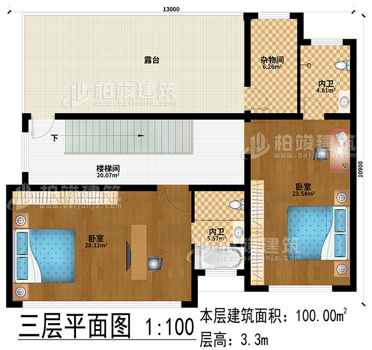 三層：2臥室、樓梯間、露臺、2內(nèi)衛(wèi)、雜物間