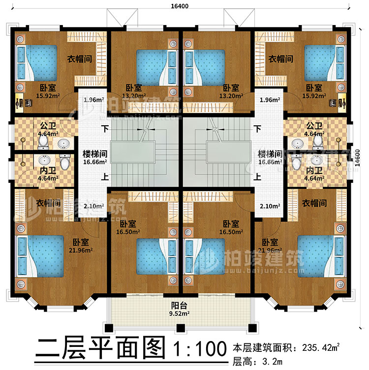 二層：2樓梯間、8臥室、4衣帽間、2公衛(wèi)、2內(nèi)衛(wèi)、陽臺(tái)