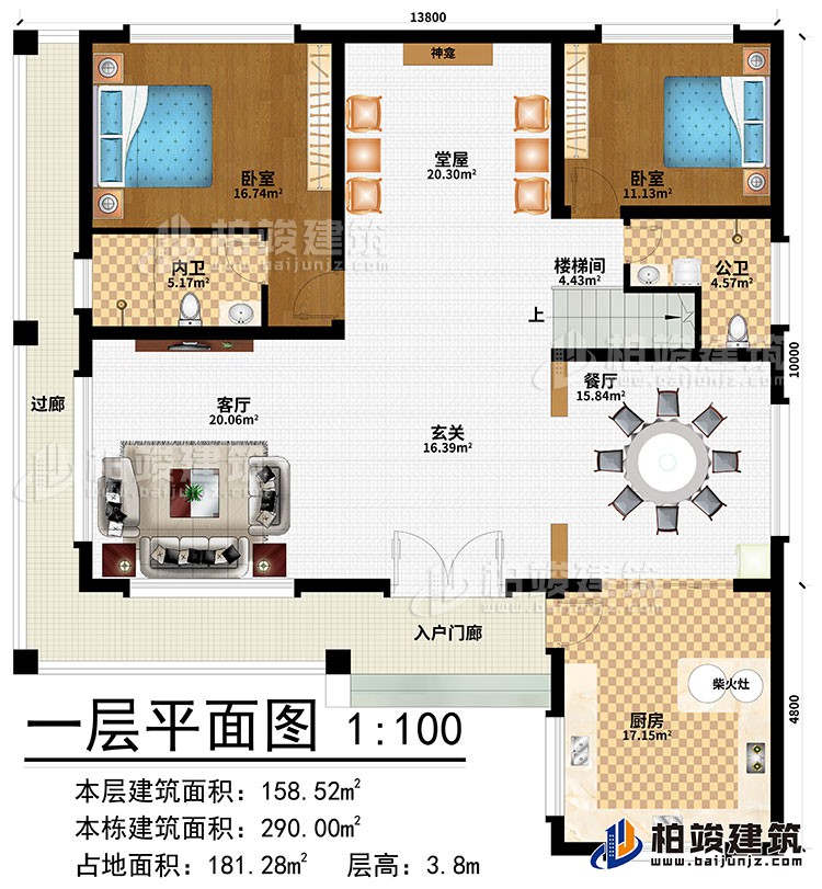 一層：入戶門廊、過廊、玄關(guān)、客廳、餐廳、廚房、柴火灶、堂屋、神龕、2臥室、樓梯間、公衛(wèi)、內(nèi)衛(wèi)