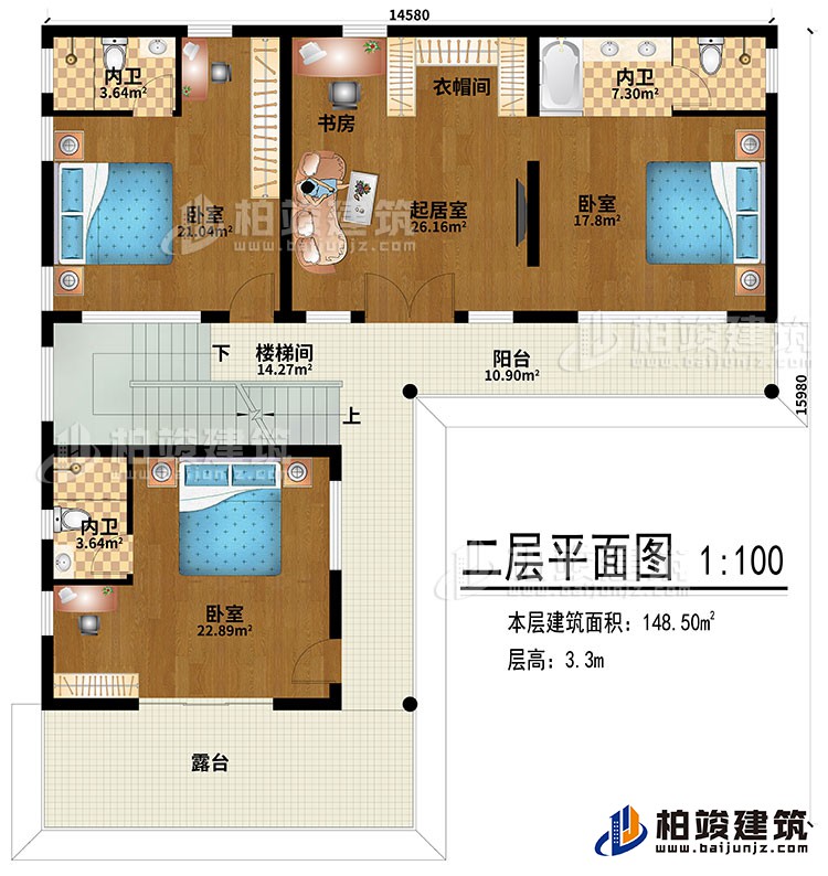 二層：樓梯間、3臥室、起居室、3內(nèi)衛(wèi)、衣帽間、露臺(tái)、書房、陽臺(tái)