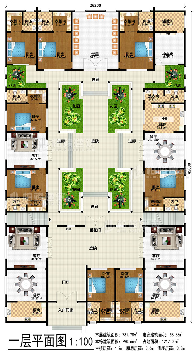 一層：入戶門廊、門廳、3餐廳、3廚房、3客廳、堂屋、神龕、神龕房、儲物間、6花園、4過廊、2庭院、影壁、垂花門、中島、洗衣房、公衛(wèi)、8臥室、8衣帽間、8內(nèi)衛(wèi)