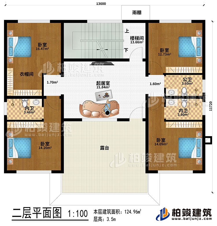 二層：起居室、樓梯間、4臥室、衣帽間、公衛(wèi)、2內(nèi)衛(wèi)、露臺、雨棚