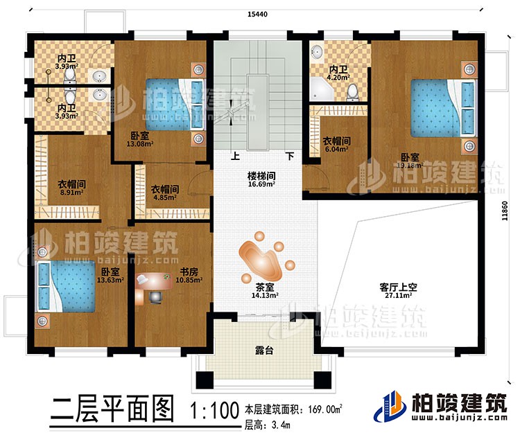 二層：茶室、樓梯間、客廳上空、3臥室、3衣帽間、書房、3內(nèi)衛(wèi)、露臺