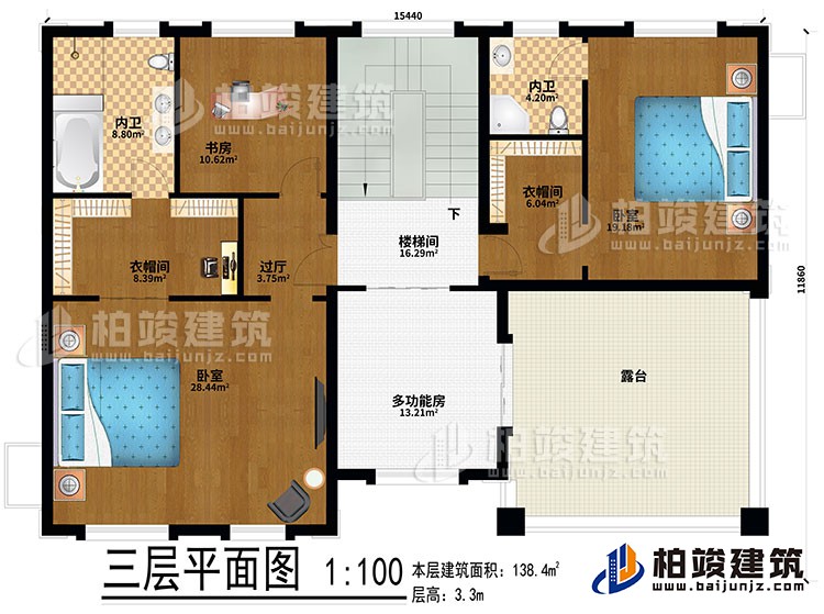 三層：2臥室、2衣帽間、過廳、書房、2內(nèi)衛(wèi)、多功能房、樓梯間、露臺