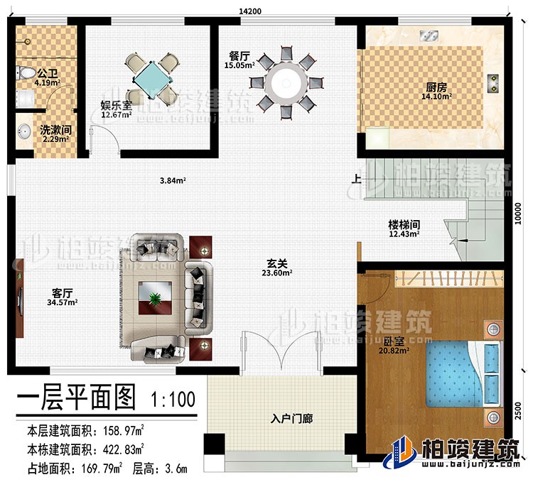 一層：入戶門廊、玄關(guān)、客廳、餐廳、廚房、娛樂室、樓梯間、臥室、洗漱間、公衛(wèi)