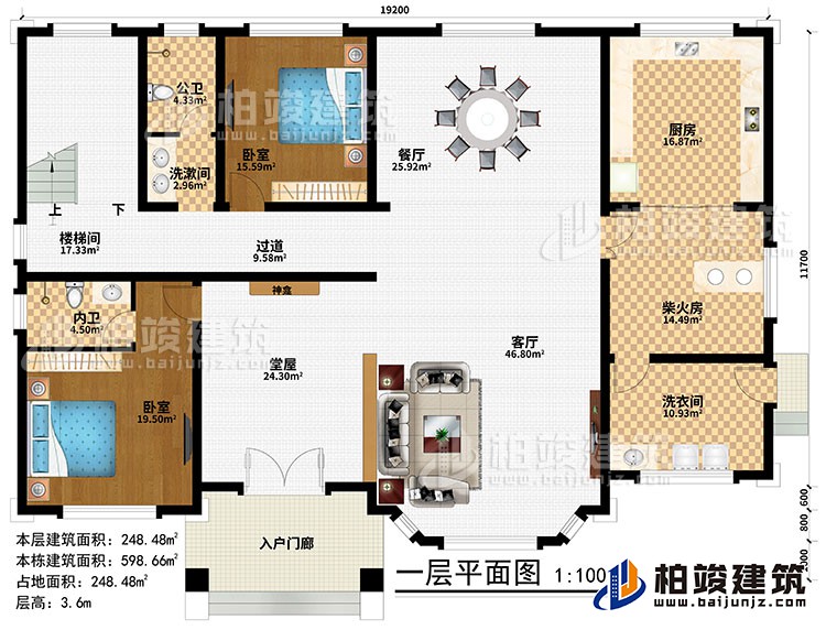 一層：入戶門廊、堂屋、神龕、客廳、餐廳、廚房、柴火房、2臥室、洗漱間、洗衣間、公衛(wèi)、內(nèi)衛(wèi)、過道、樓梯間