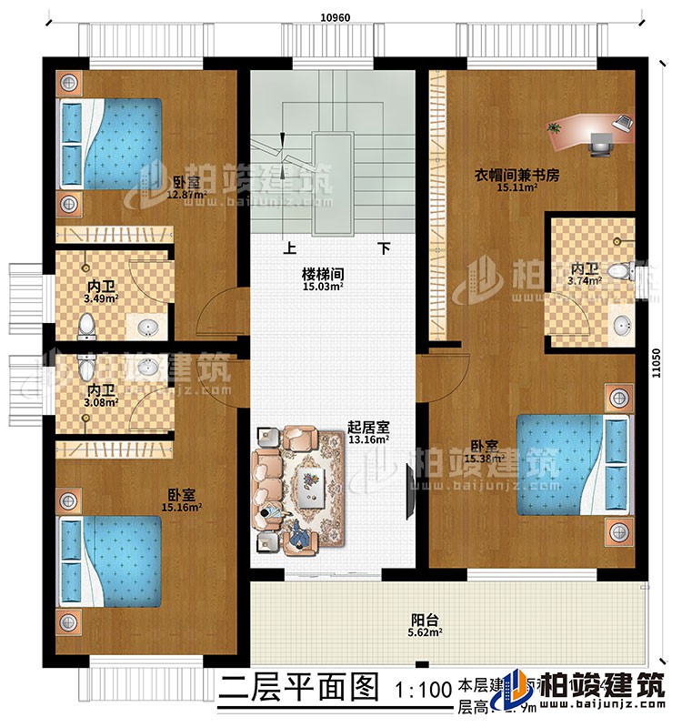 二層：起居室、樓梯間、3臥室、3內(nèi)衛(wèi)、衣帽間兼書房、陽臺