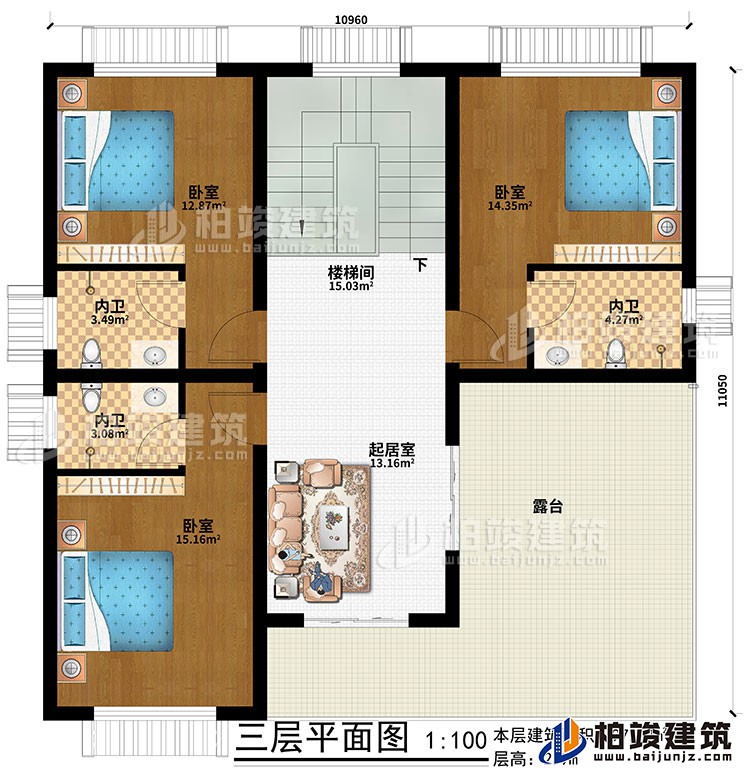 三層：起居室、樓梯間、3臥室、3內(nèi)衛(wèi)、露臺