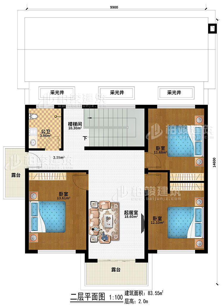二層：3采光井、樓梯間、起居室、3臥室、2露臺