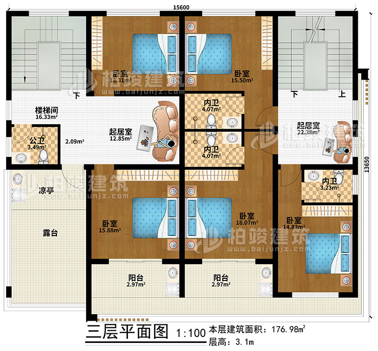 三層：2起居室、樓梯間、5臥室、公衛(wèi)、3內(nèi)衛(wèi)、2陽臺、涼亭、露臺