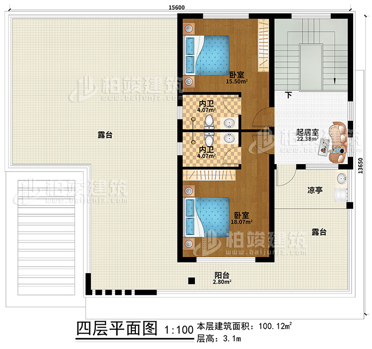 四層：起居室、2臥室、2內(nèi)衛(wèi)、涼亭、陽臺、2露臺