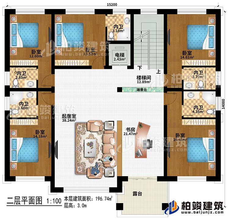 二層：樓梯間、端景臺、起居室、書房、5臥室、電梯、5內(nèi)衛(wèi)、露臺