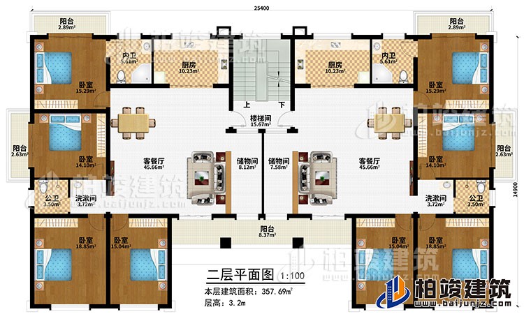 二層：樓梯間、2客餐廳、2儲物間、2廚房、8臥室、5陽臺、2內(nèi)衛(wèi)、2公衛(wèi)、2洗漱間