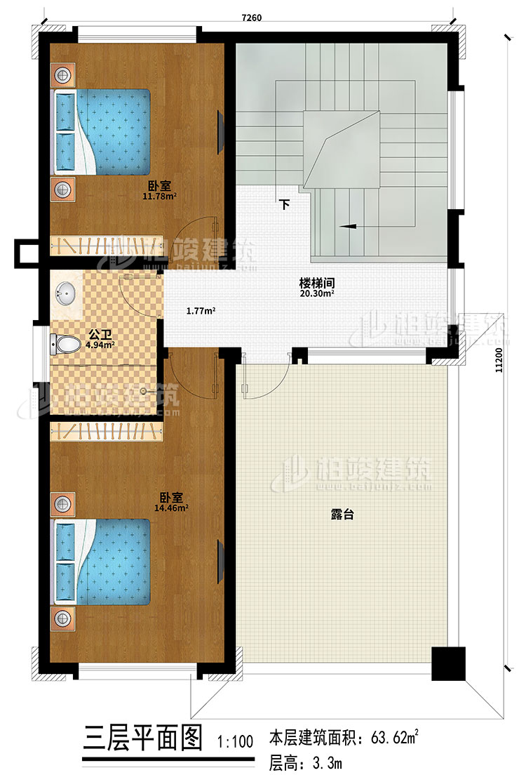 三層：2臥室、樓梯間、公衛(wèi)、露臺