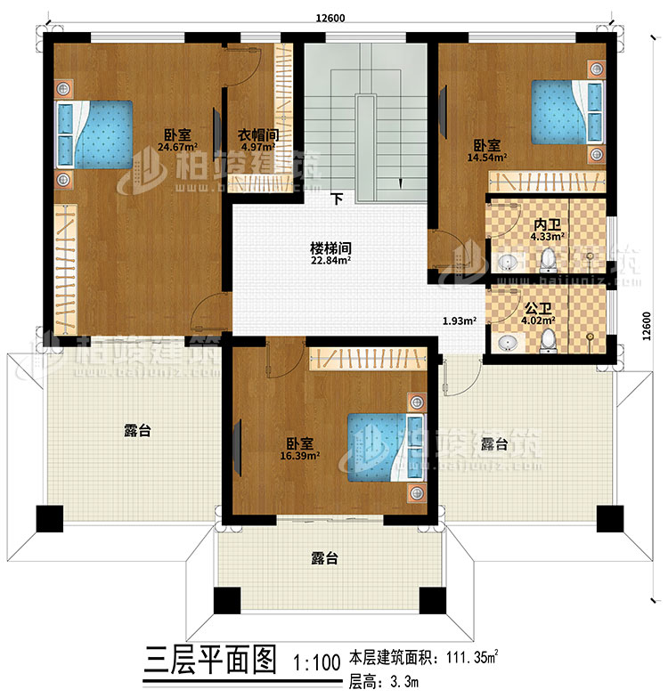 三層：樓梯間、3臥室、公衛(wèi)、內(nèi)衛(wèi)、3露臺(tái)、衣帽間