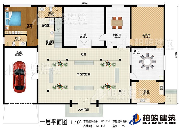 一層：入戶門廊、下沉式庭院、樓梯間、洗衣區(qū)、中堂、烤火房、工具房、餐廳、廚房、車庫(kù)、臥室、內(nèi)衛(wèi)、過廊