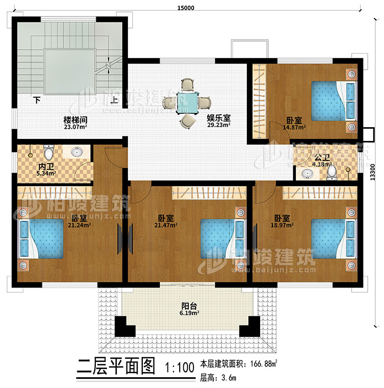 二層：樓梯間、娛樂(lè)室、4臥室、公衛(wèi)、內(nèi)衛(wèi)、陽(yáng)臺(tái)