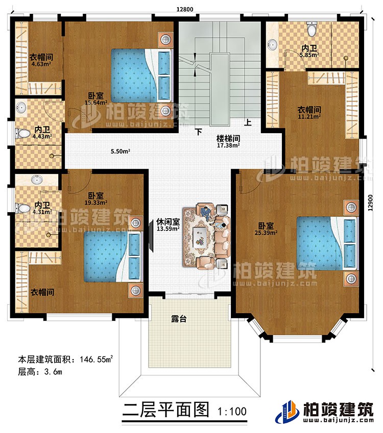 二層：樓梯間、休閑室、3臥室、3衣帽間、3內(nèi)衛(wèi)、露臺(tái)