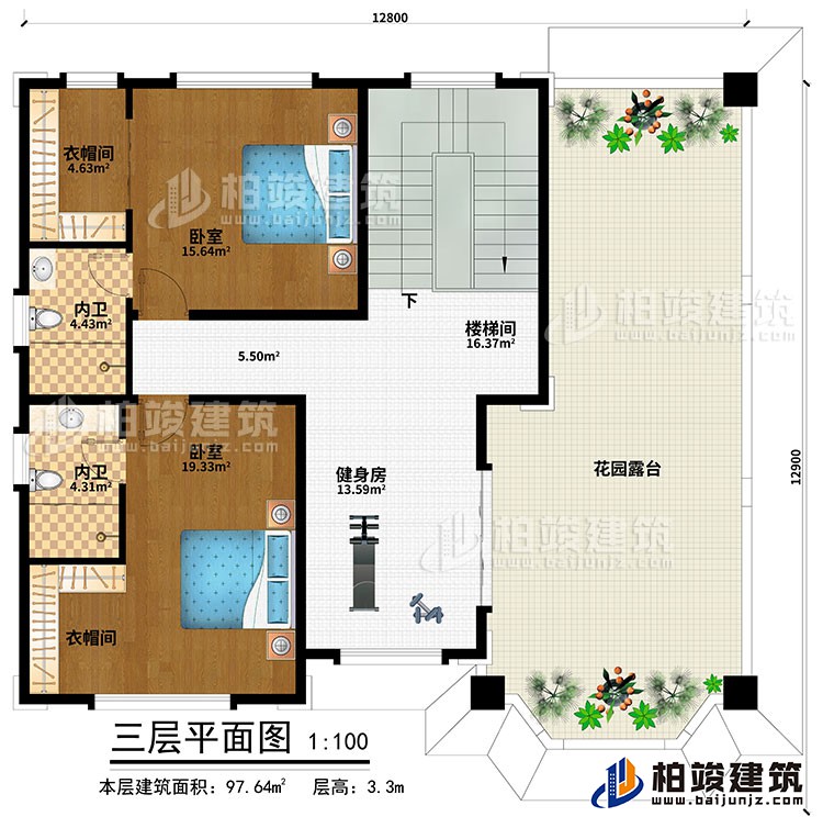 三層：健身房、樓梯間、2臥室、2衣帽間、2內(nèi)衛(wèi)、花園露臺(tái)