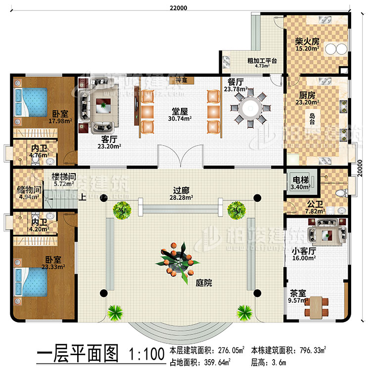 一層：過廊、庭院、堂屋、神龕、客廳、餐廳、廚房、柴火房、粗加工平臺(tái)、電梯、樓梯間、儲(chǔ)物間、小客廳、茶室、2臥室、2內(nèi)衛(wèi)、公衛(wèi)