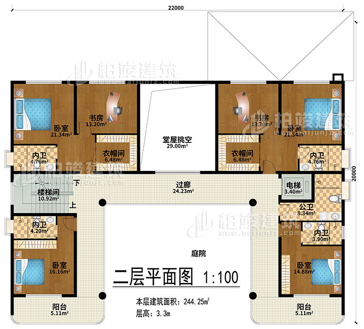 二層：堂屋挑空、過廊、樓梯間、電梯、4臥室、2衣帽間、2書房、4內(nèi)衛(wèi)、公衛(wèi)、2陽(yáng)臺(tái)