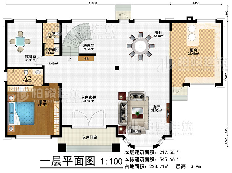 一層：樓梯間、3臥室、衣帽間、公衛(wèi)、內(nèi)衛(wèi)、陽光房、涼亭、2露臺(tái)