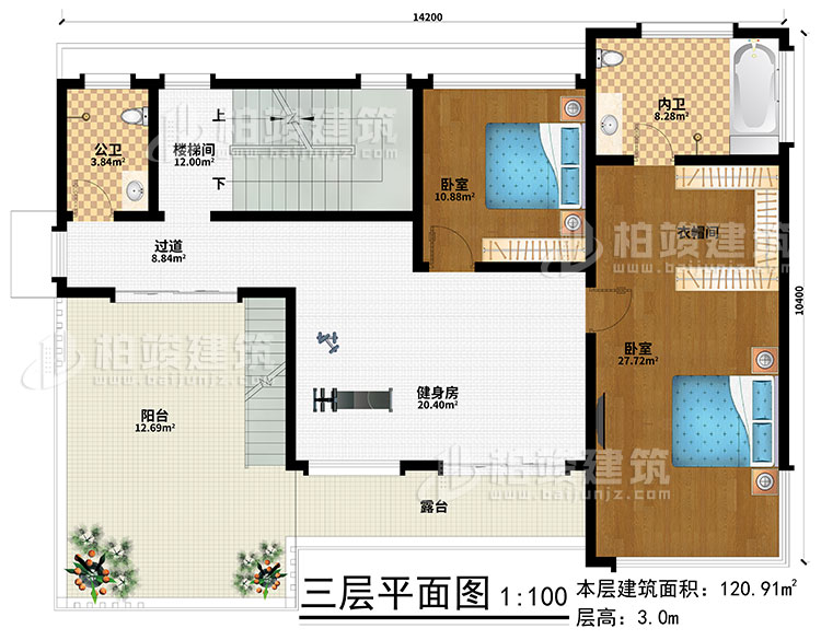 三層：健身房、樓梯間、2臥室、衣帽間、過道、公衛(wèi)、內(nèi)衛(wèi)、陽臺(tái)、露臺(tái)