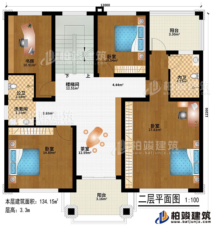 二層：樓梯間、茶室、3臥室、洗漱間、公衛(wèi)、內(nèi)衛(wèi)、2陽臺(tái)