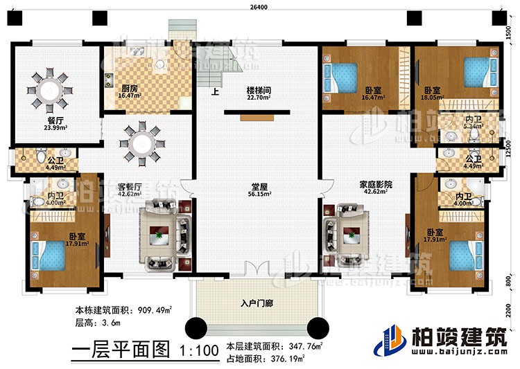 一層：入戶門廊、堂屋、客餐廳、餐廳、廚房、樓梯間、4臥室、2公衛(wèi)、3內(nèi)衛(wèi)、家庭影院