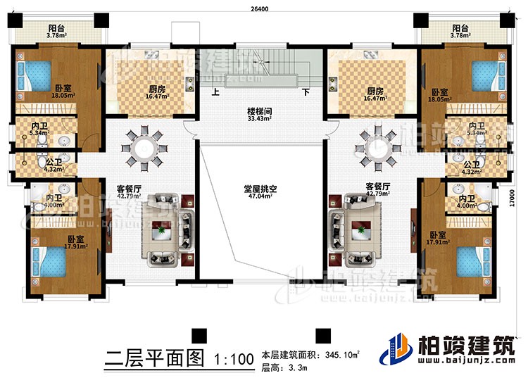 二層：堂屋挑空、樓梯間、2廚房、2客餐廳、4臥室、2公衛(wèi)、4內(nèi)衛(wèi)、2陽臺