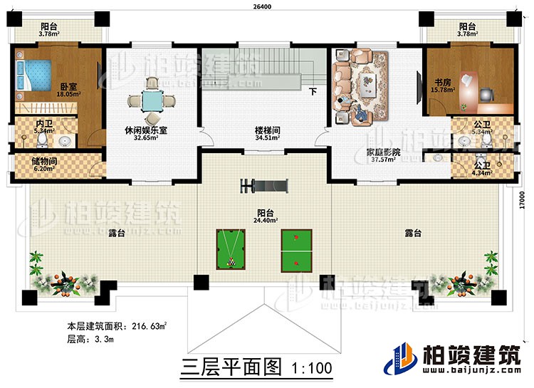三層：樓梯間、休閑娛樂室、家庭影院、臥室、書房、2公衛(wèi)、內(nèi)衛(wèi)、儲物間、3陽臺、2露臺