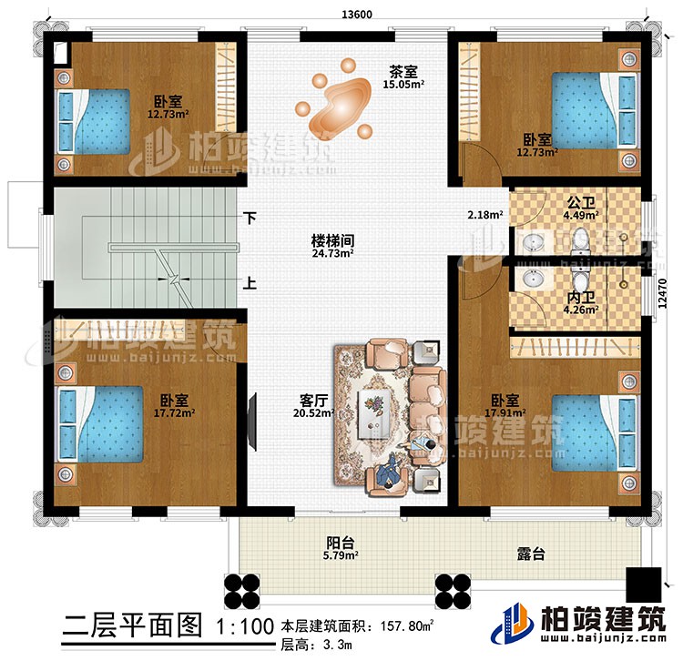 二層：客廳、樓梯間、茶室、4臥室、公衛(wèi)、內(nèi)衛(wèi)、陽臺、露臺