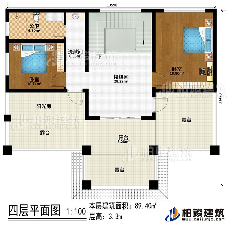 四層：樓梯間、洗漱間、2臥室、陽(yáng)光房、公衛(wèi)、陽(yáng)臺(tái)、3露臺(tái)