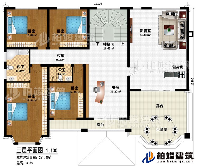 三層：樓梯間、書(shū)房、過(guò)道、4臥室、公衛(wèi)、內(nèi)衛(wèi)、影音室、健身房、2露臺(tái)、六角亭