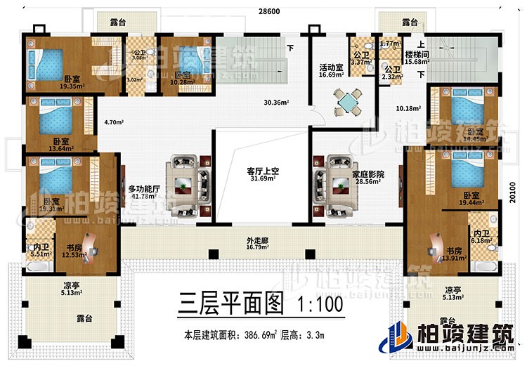 三層：多功能廳、客廳上空、家庭影院、6臥室、2書房、活動室、3公衛(wèi)、2內(nèi)衛(wèi)、4露臺、2涼亭、外走廊、樓梯間