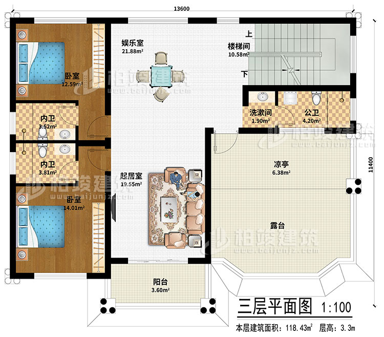 三層：起居室、娛樂室、樓梯間、2臥室、洗漱間、公衛(wèi)、2內(nèi)衛(wèi)、涼亭、陽臺、露臺