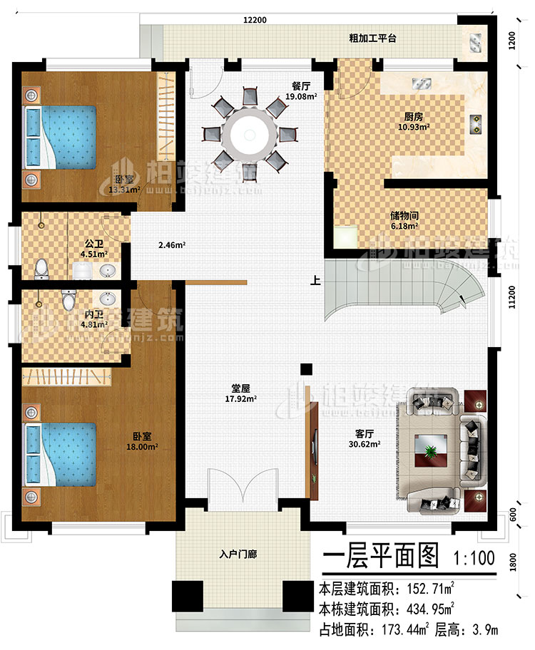 一層：入戶門廊、堂屋、客廳、餐廳、廚房、儲物間、2臥室、公衛(wèi)、內(nèi)衛(wèi)、粗加工平臺