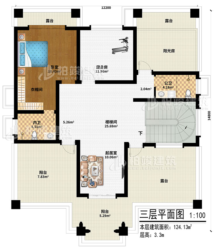 三層：起居室、樓梯間、健身房、陽光房、臥室、衣帽間、內(nèi)衛(wèi)、公衛(wèi)、2陽臺、3露臺