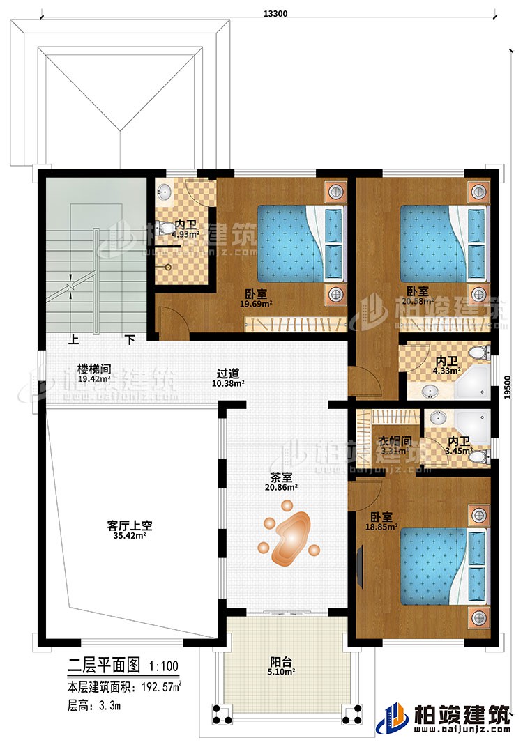 二層：樓梯間、3臥室、過道、茶室、客廳上空、衣帽間、3內(nèi)衛(wèi)、陽臺