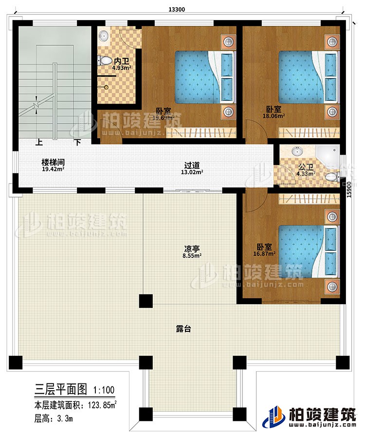 三層：樓梯間、過道、3臥室、公衛(wèi)、內(nèi)衛(wèi)、涼亭、露臺