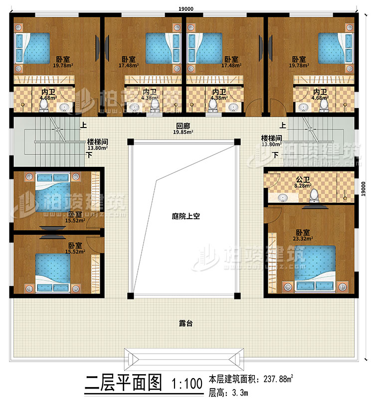 二層：回廊、露臺、庭院上空、2樓梯間、7臥室、4內(nèi)衛(wèi)、公衛(wèi)