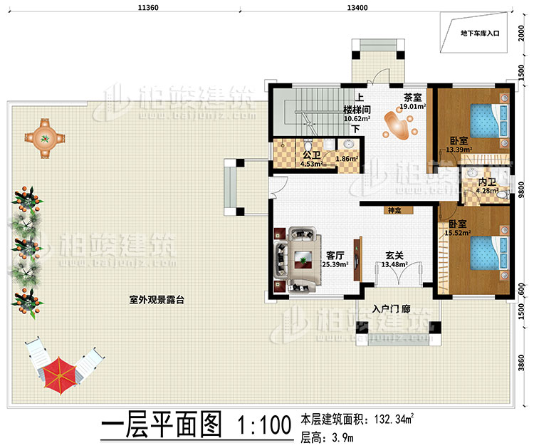 一層：起居室、樓梯間、書房、3臥室、衣帽間、公衛(wèi)、內(nèi)衛(wèi)、陽(yáng)臺(tái)