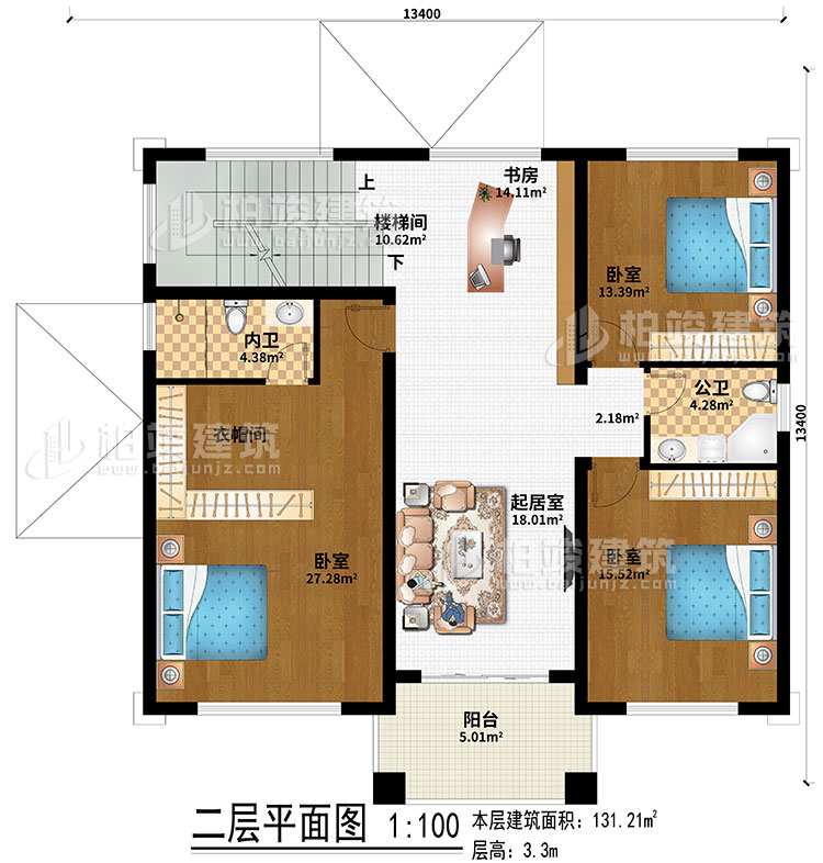 二層：室外觀景露臺(tái)、地下車庫(kù)入口、入戶門廊、玄關(guān)、客廳、神龕、茶室、樓梯間、2臥室、公衛(wèi)、內(nèi)衛(wèi)