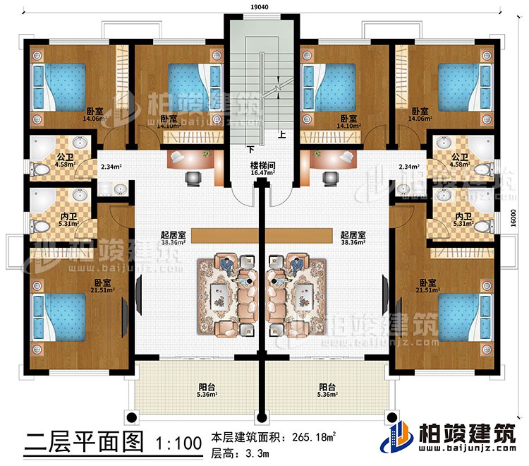 二層：2起居室、樓梯間、6臥室、2公衛(wèi)、2內(nèi)衛(wèi)、2陽(yáng)臺(tái)
