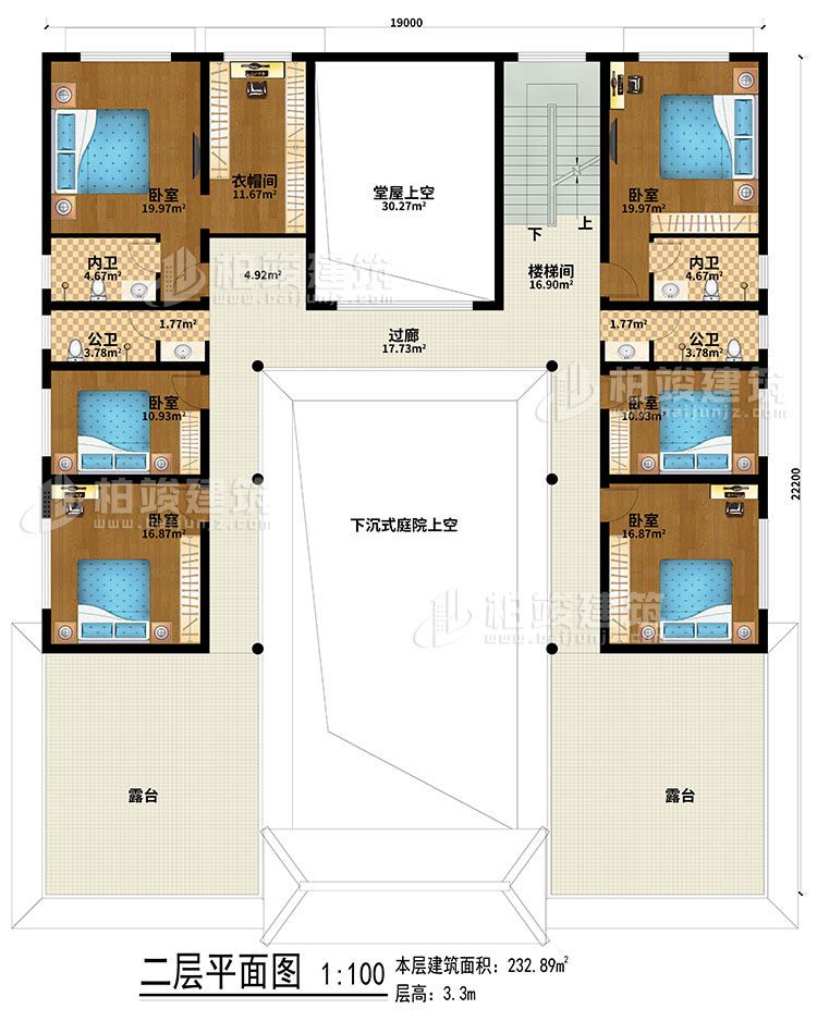 二層：下沉式庭院上空、堂屋上空、樓梯間、過廊、6臥室、衣帽間、2公衛(wèi)、2內(nèi)衛(wèi)、露臺