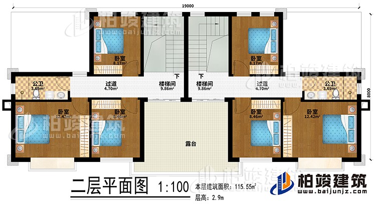 二層：2樓梯間、6臥室、2公衛(wèi)、2過道、露臺(tái)