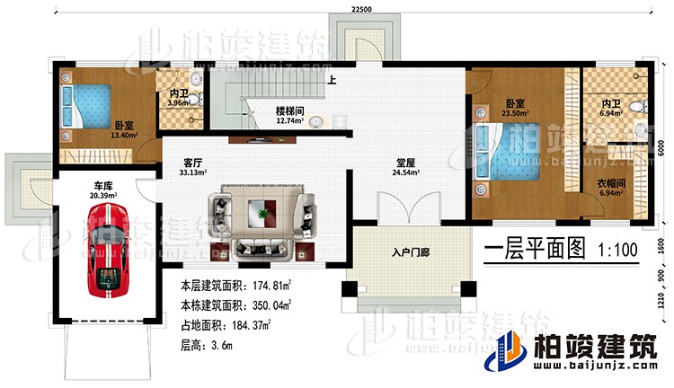 一層:入戶門廊、堂屋、客廳、車庫、樓梯間、2臥室、衣帽間、2內(nèi)衛(wèi)