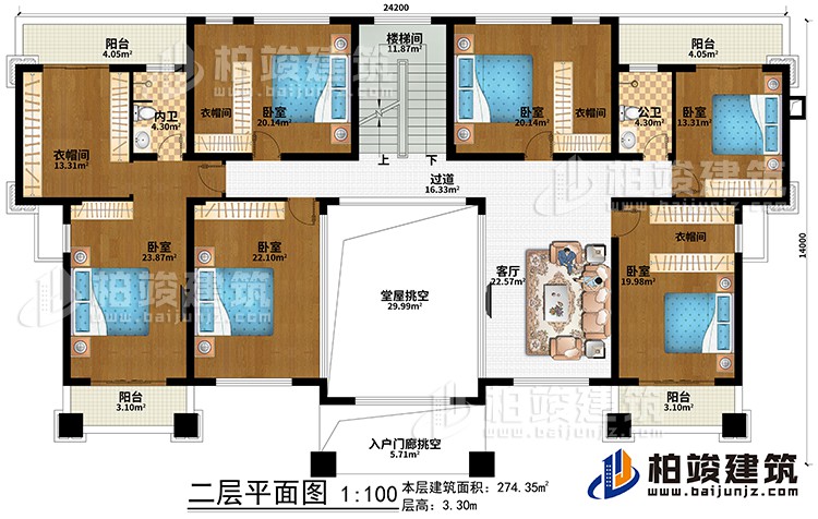 二層：堂屋挑空、入戶門廊挑空、客廳、過道、樓梯間、6臥室、4衣帽間、公衛(wèi)、內(nèi)衛(wèi)、4陽臺