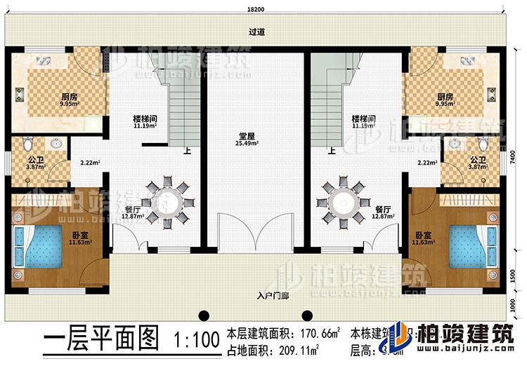 一層：入戶門廊、過道、堂屋、2廚房、2樓梯間、2餐廳、2臥室、2公衛(wèi)